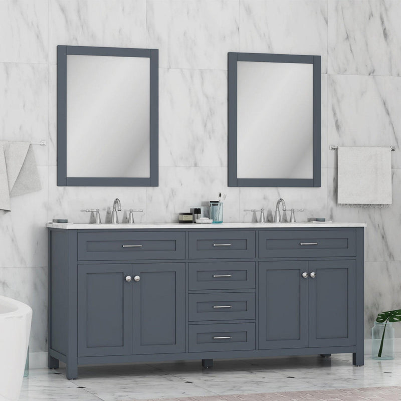 Alya Bath Norwalk 72" Double Gray Freestanding  Bathroom Vanity With Carrara Marble Top, Ceramic Sink and Two Mirrors - HE-101-72D-G-CWMT + 2x HE-101/102-30-G-M - Backyard Provider