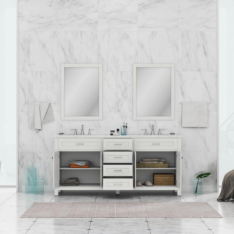 Alya Bath Norwalk 72" Double White Freestanding  Bathroom Vanity With Carrara Marble Top, Ceramic Sink and Two Mirrors - HE-101-72D-W-CWMT + 2x HE-101/102-30-W-M - Backyard Provider