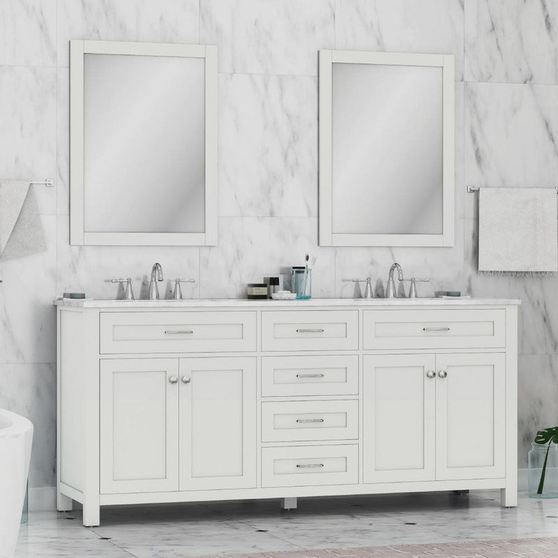 Alya Bath Norwalk 72" Double White Freestanding  Bathroom Vanity With Carrara Marble Top, Ceramic Sink and Two Mirrors - HE-101-72D-W-CWMT + 2x HE-101/102-30-W-M - Backyard Provider