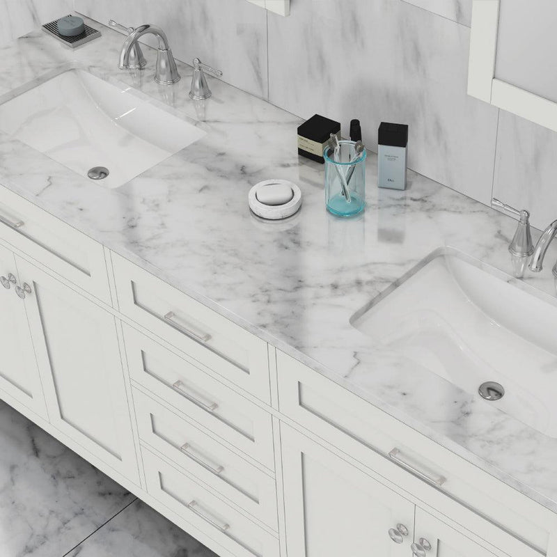 Alya Bath Norwalk 72" Double White Freestanding  Bathroom Vanity With Carrara Marble Top, Ceramic Sink and Two Mirrors - HE-101-72D-W-CWMT + 2x HE-101/102-30-W-M - Backyard Provider