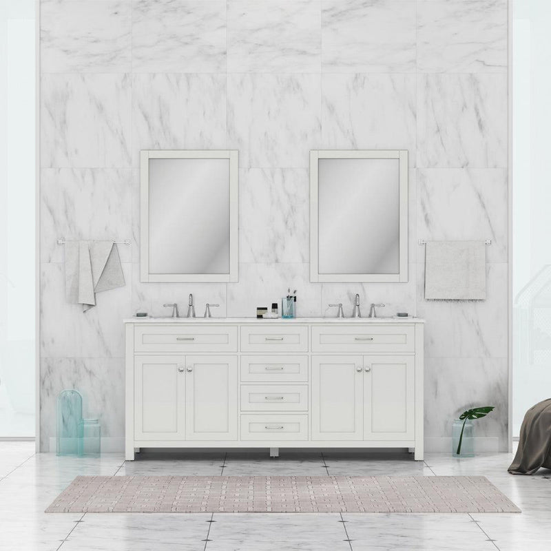 Alya Bath Norwalk 72" Double White Freestanding  Bathroom Vanity With Carrara Marble Top, Ceramic Sink and Two Mirrors - HE-101-72D-W-CWMT + 2x HE-101/102-30-W-M - Backyard Provider