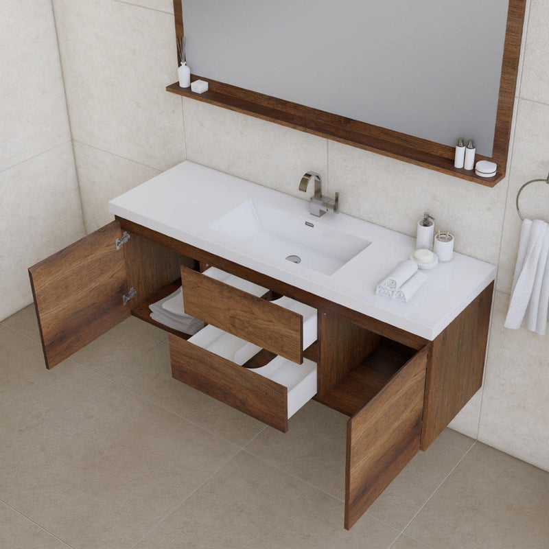 Alya Bath Paterno 60" Single Rosewood Modern Wall Mounted  Bathroom Vanity With Acrylic Top and Integrated Sink - AB-MOF60S-RW - Backyard Provider