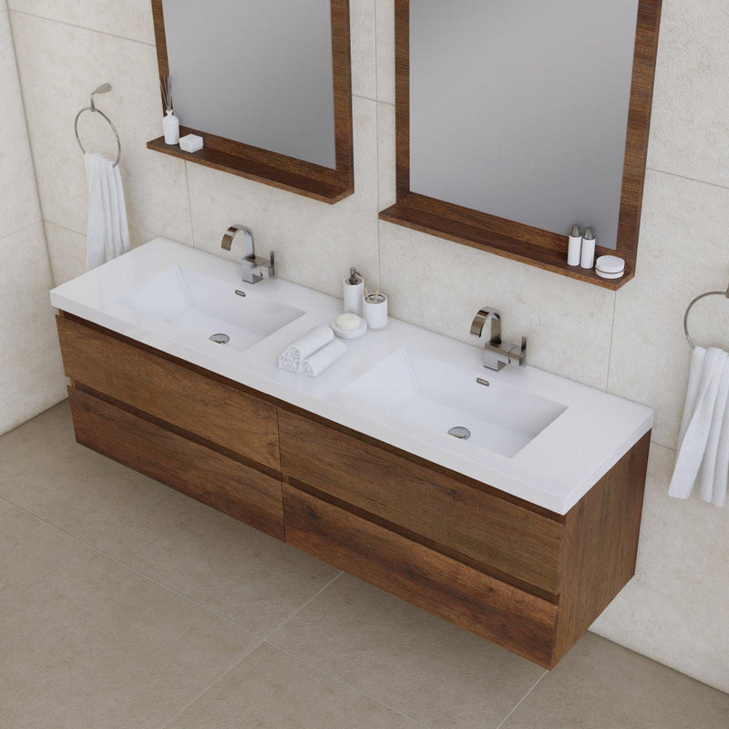 Alya Bath Paterno 72" Double Rosewood Modern Wall Mounted  Bathroom Vanity With Acrylic Top and Integrated Sink - AB-MOF72D-RW - Backyard Provider