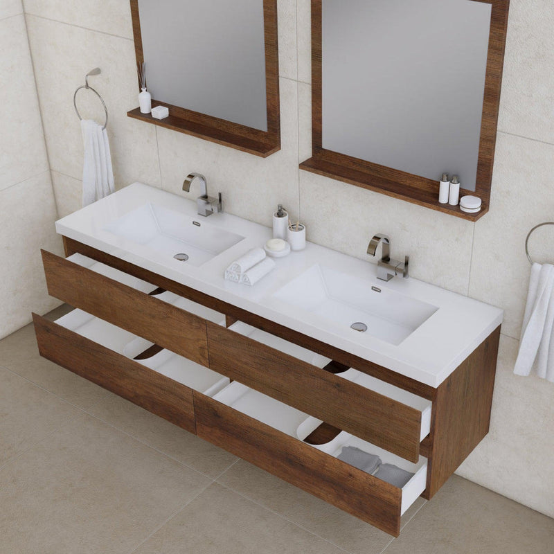 Alya Bath Paterno 72" Double Rosewood Modern Wall Mounted  Bathroom Vanity With Acrylic Top and Integrated Sink - AB-MOF72D-RW - Backyard Provider