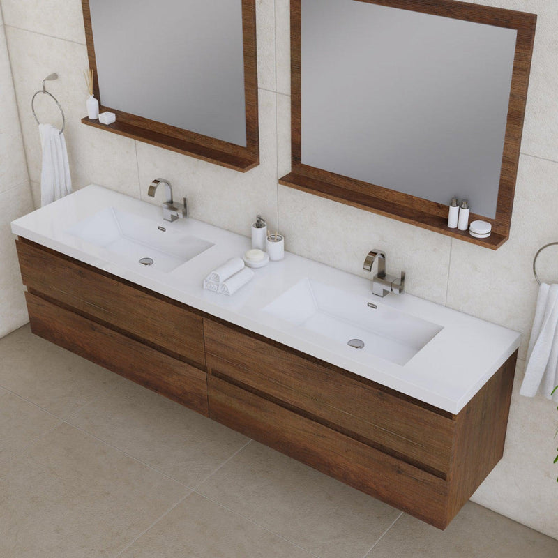 Alya Bath Paterno 84" Double Rosewood Modern Wall Mounted  Bathroom Vanity With Acrylic Top and Integrated Sink - AB-MOF84D-RW - Backyard Provider