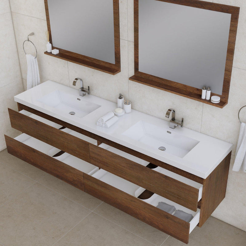 Alya Bath Paterno 84" Double Rosewood Modern Wall Mounted  Bathroom Vanity With Acrylic Top and Integrated Sink - AB-MOF84D-RW - Backyard Provider