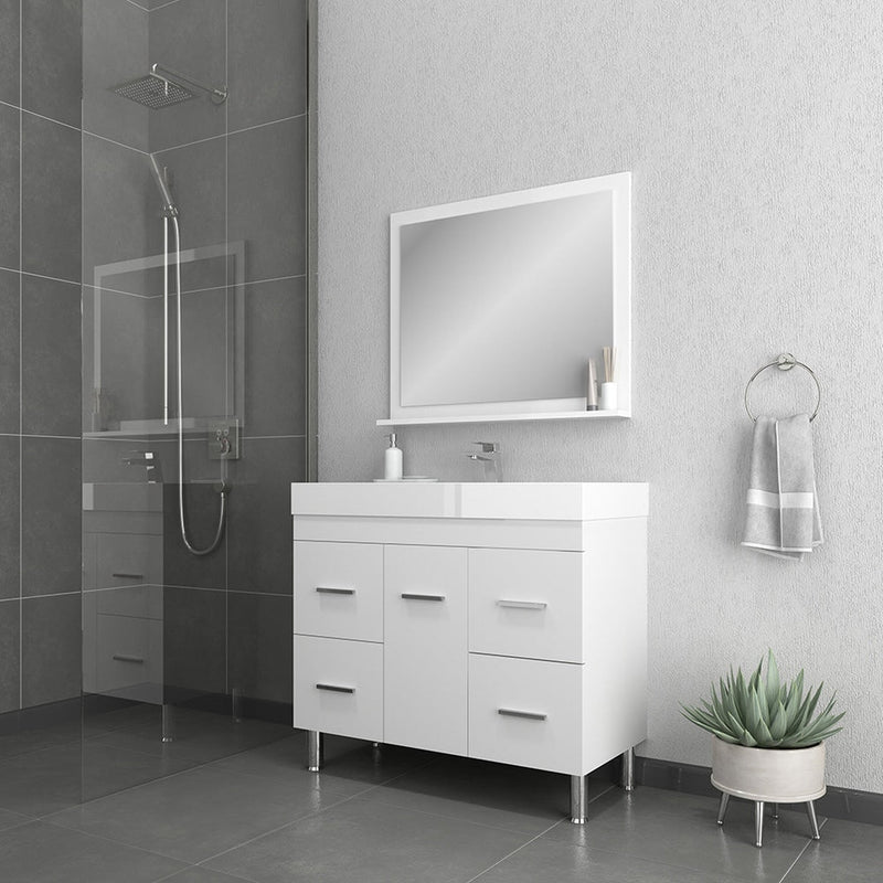 Alya Bath Ripley 39" Single White Modern Freestanding  Bathroom Vanity With Integrated Acrylic Top, Acrylic Sink and Wall Mounted Mirror - AT-8041-W+AT-36-M-W - Backyard Provider