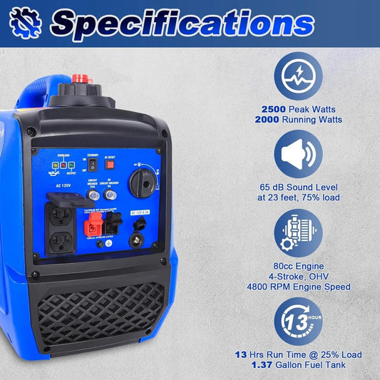 BILT HARD 2500W Quiet Inverter Generator, 80cc 4-Stroke Engine, 120V AC & 12V DC, RV Ready – TGA-0251