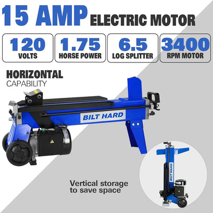 BILT HARD Log Splitter 6.5 Ton with Stand, Wood Electric Powered, Hydraulic Ram, Firewood Splitting Machine Black Stand Wood Splitter - TLA-0102