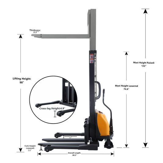 Apollolift Semi-Electric Straddle Stacker  2200Lbs Cap. 98" Lifting - Backyard Provider