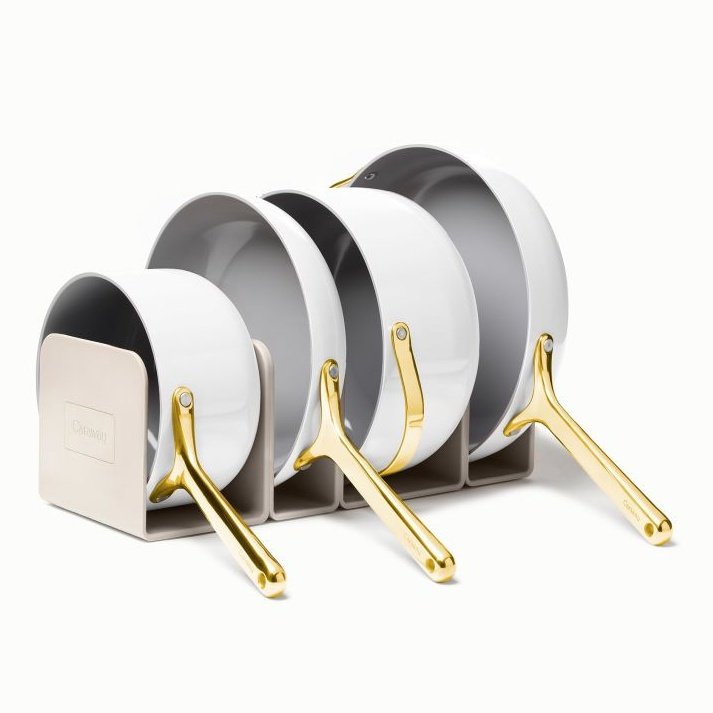 Caraway Non-Toxic and Non-Stick Cookware Set in White with Gold Handles - Backyard Provider