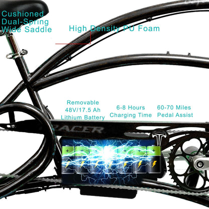 Tracer 800W Beyond Pro Stretch Classic Chopper Electric Bike - MB-EB-BEYOND Pro-BK - MB-EB-BEYOND Pro-BK