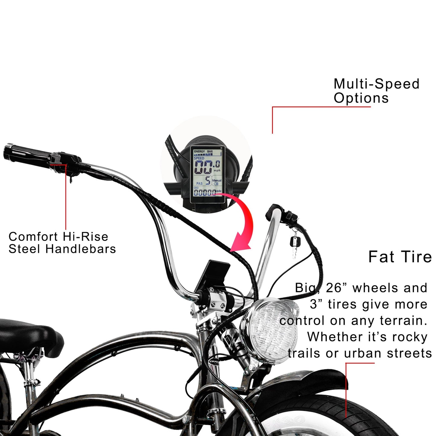 Tracer 800W Beyond Pro Stretch Classic Chopper Electric Bike - MB-EB-BEYOND Pro-BK - MB-EB-BEYOND Pro-BK