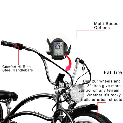 Tracer 800W Beyond Pro Stretch Classic Chopper Electric Bike - MB-EB-BEYOND Pro-BK - MB-EB-BEYOND Pro-BK