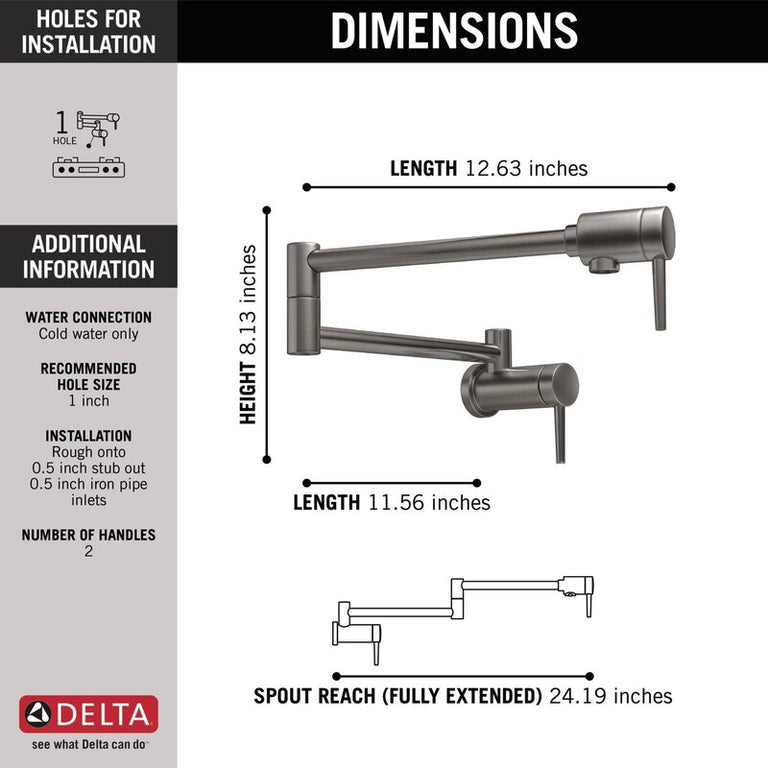 Delta Wall Mount Contemporary Pot Filler in in Black Stainless - 1165LF-KS