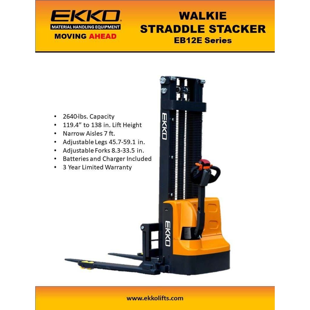 EKKO Full Powered Straddle Stacker - 119-138" Height - 2640 lbs Capacity - EB12E