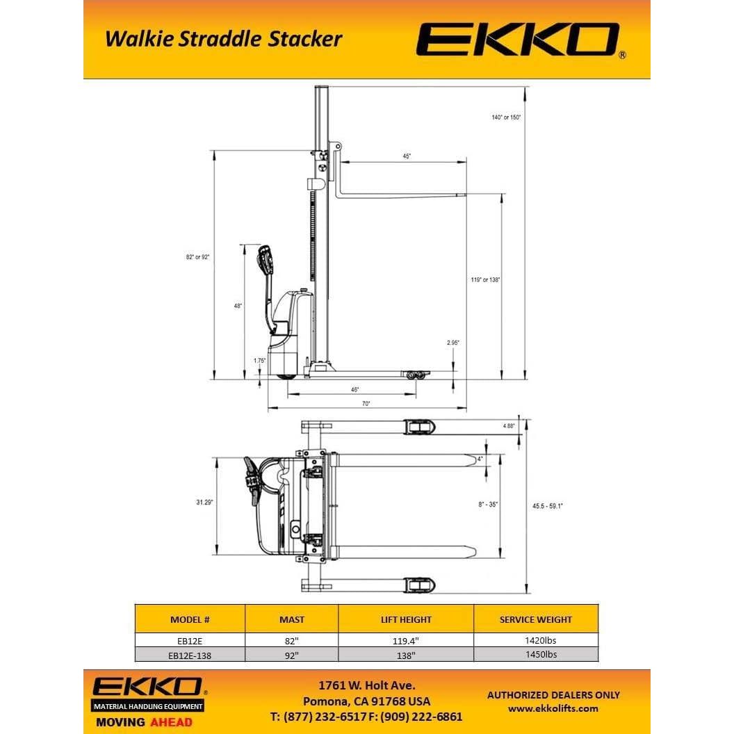 EKKO Full Powered Straddle Stacker - 119-138" Height - 2640 lbs Capacity - EB12E