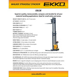 EKKO Full Powered Straddle Stacker 119/138" Height 2800 lbs Capacity - EB13E