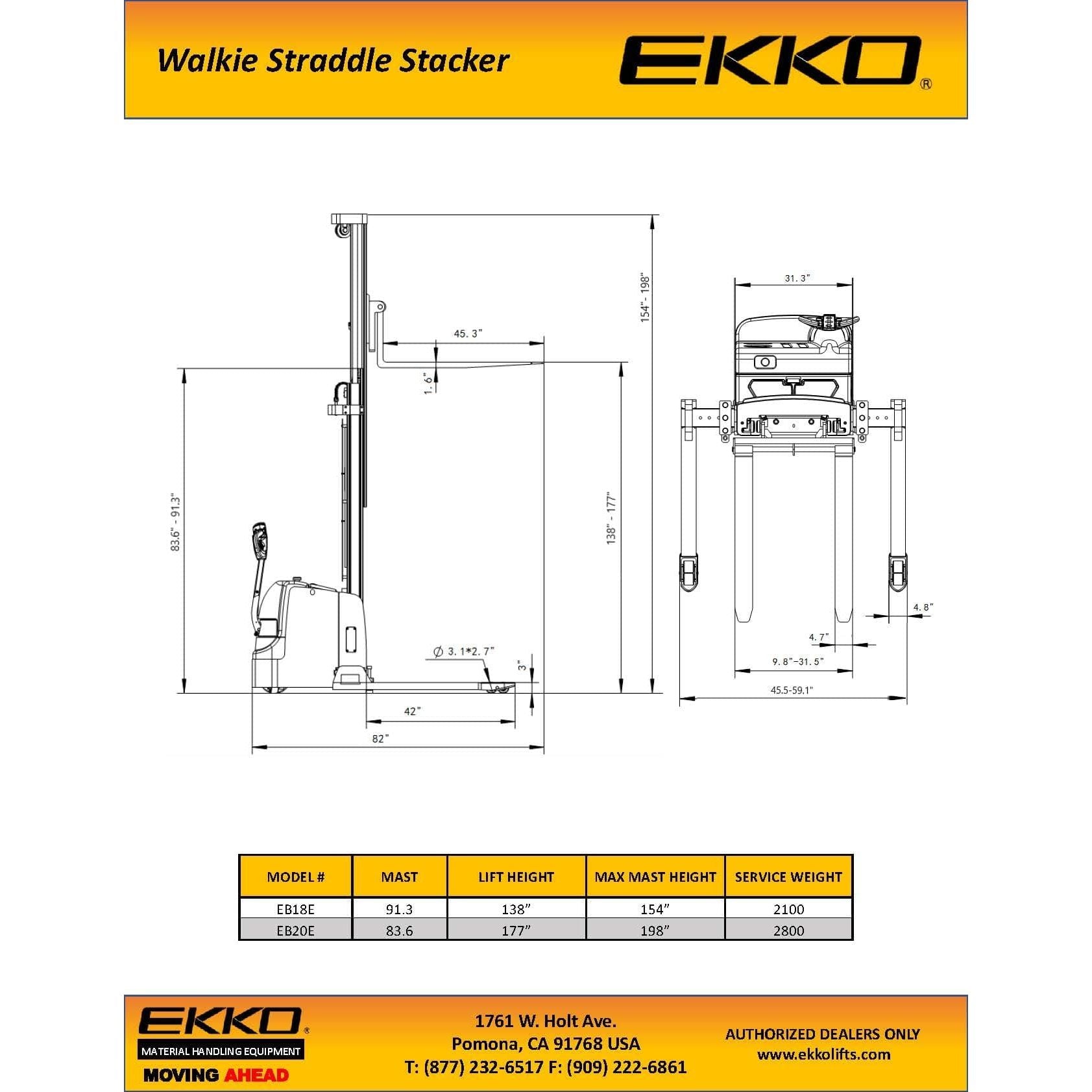 EKKO Full Powered Straddle Stacker 138/177" Height - EB18E