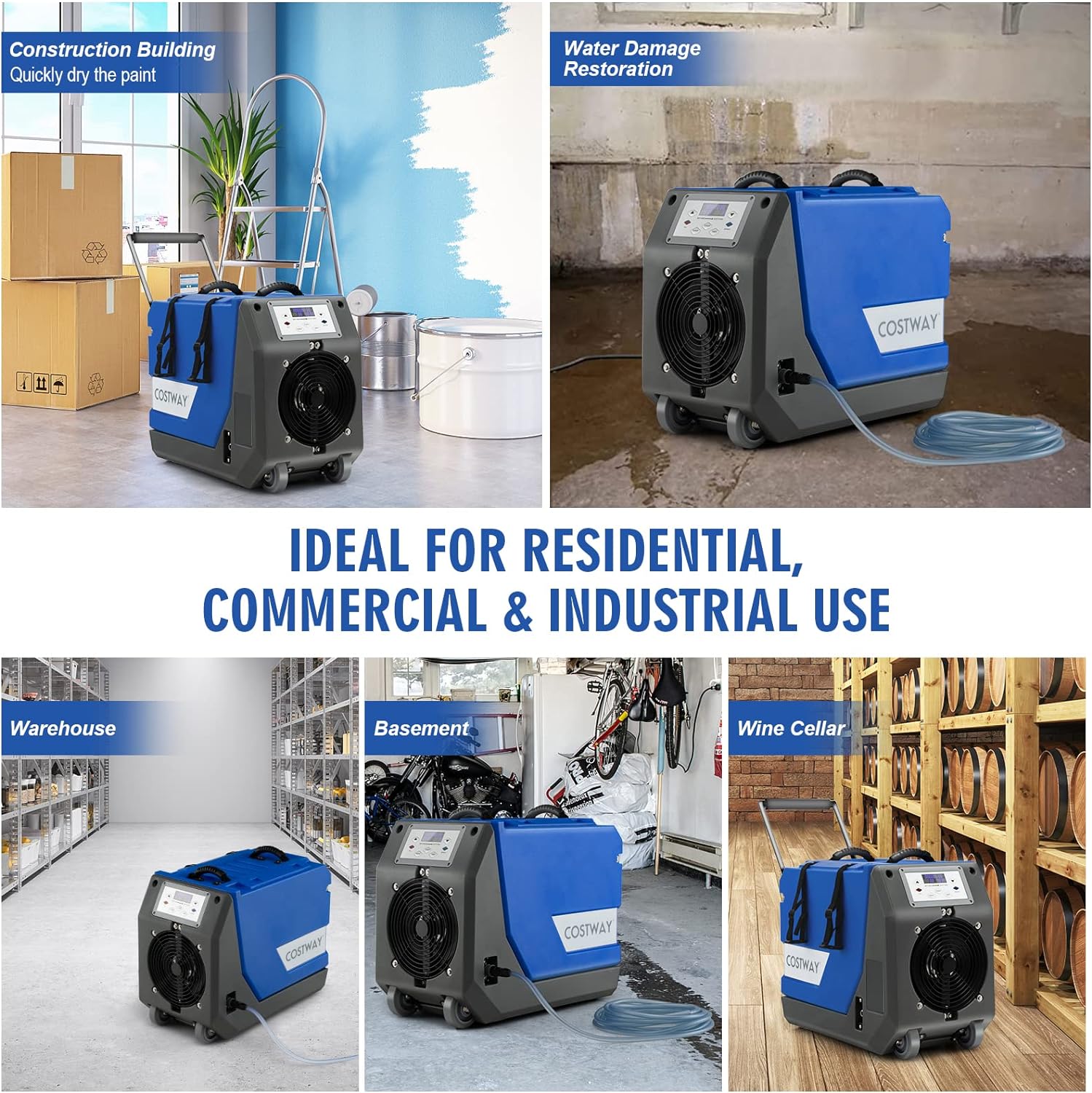 Costway Dehumidifier Commercial 180 Pints 341 CFM Basement/Crawl Space Pump And Drain Hose Blue New - ES10196US-BL