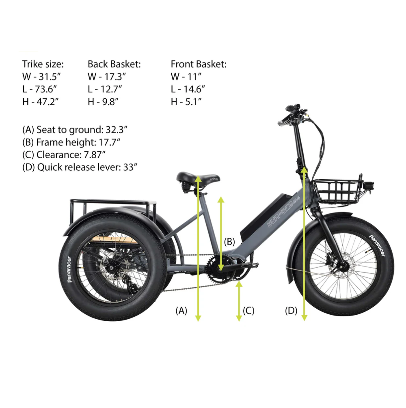 Surface 604 500W 48V Trio Mid Drive Folding Step-Thru Fat Tire Trike Electric Bike - EB-S6-TRIO-GRY