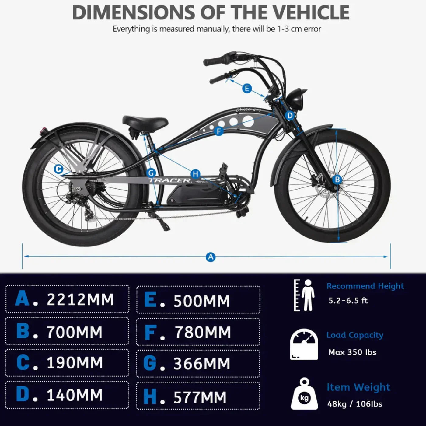 Tracer 750W 48V Chico GT7 Chopper Stretch Cruiser Fat Tire Electric Bike - EB-TC-CHICO-MBK