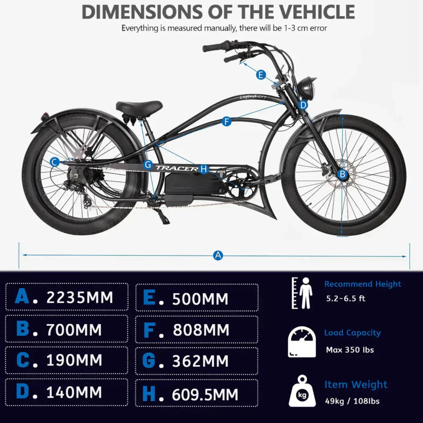 Tracer 1000W 48V Legend GT7 Chopper Stretch Cruiser Fat Tire Electric Bike