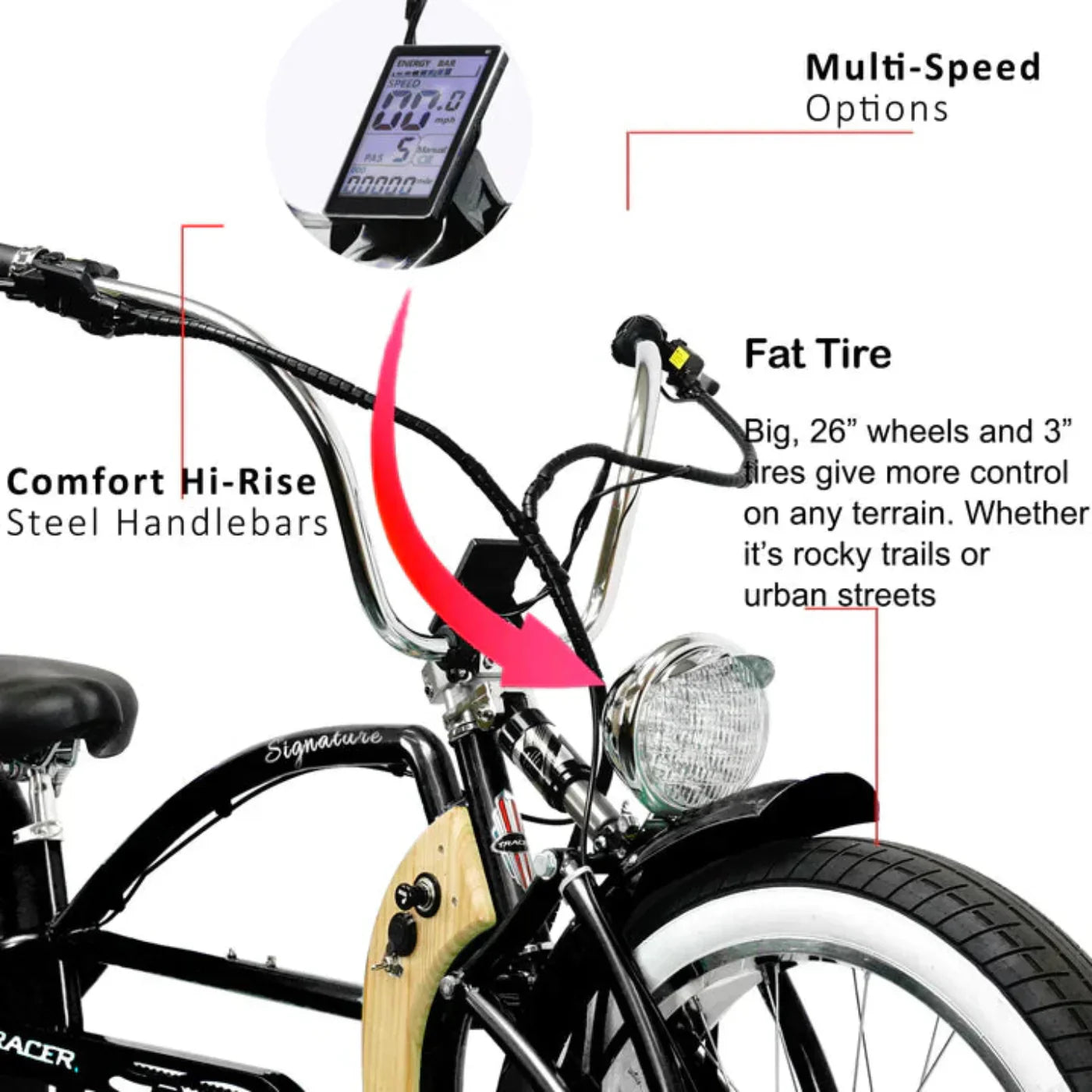 Tracer 800W Signature Pro Chopper Cruiser Electric Bike - MB-EB-Signature Pro-BK
