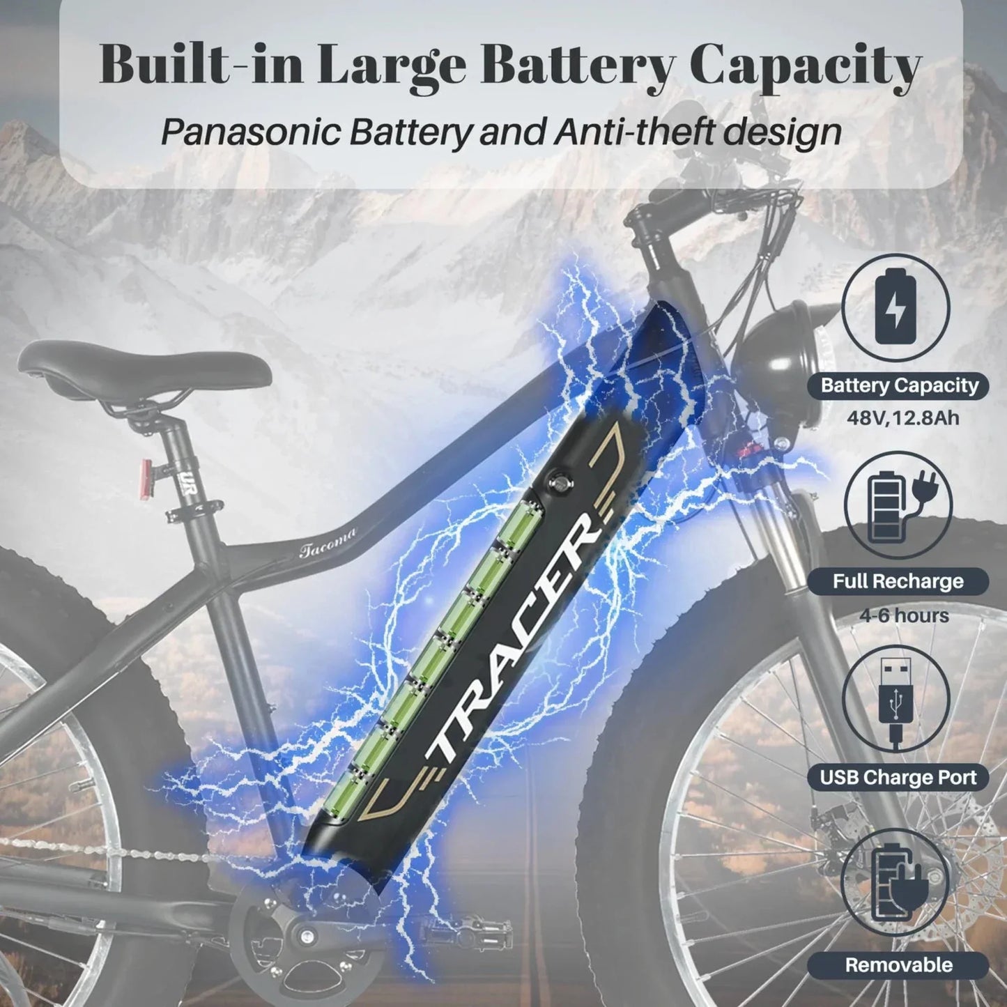 Tracer 800W 26" Tacoma Fat Tire Electric Bike - MB-EB-TACOMA-BK/PLS