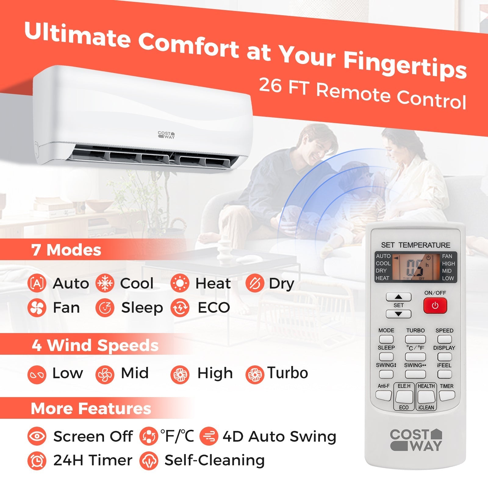 Costway Blast Series Mini Split Air Conditioner Heater Ductless 12000 BTU 20 SEER2 115V Remote Control New - FP10302US-WH+