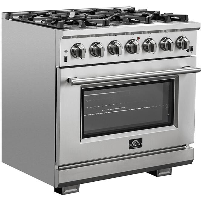 Forno Appliace Package - 36 Inch Gas Burner/Electric Oven Pro Range, Wall Mount Range Hood, Refrigerator, Microwave Drawer, Dishwasher, AP-FFSGS6187-36-W-8