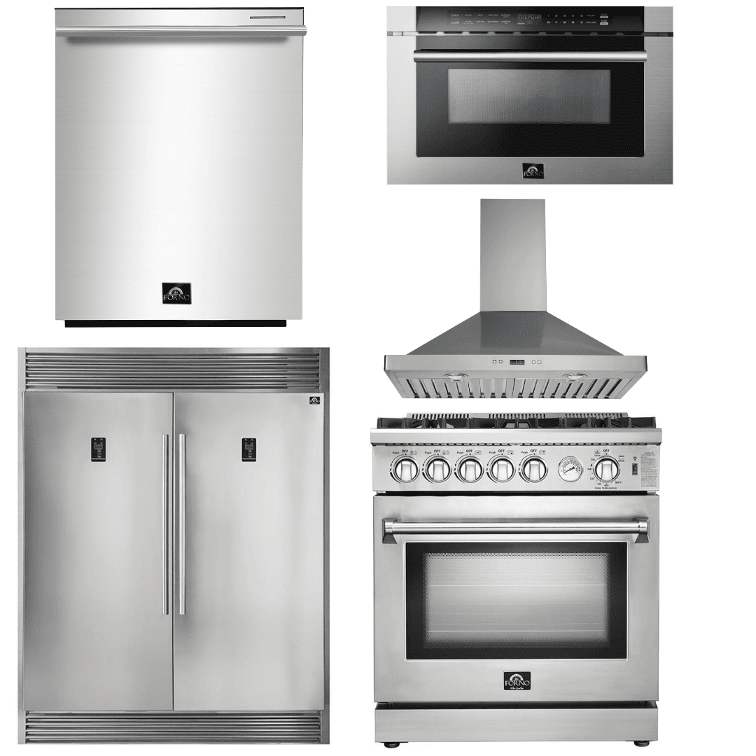 Forno Appliace Package - 30 Inch Gas Range, Wall Mount Range Hood, Refrigerator, Microwave Drawer, Dishwasher, AP-FFSGS6275-30-W-8