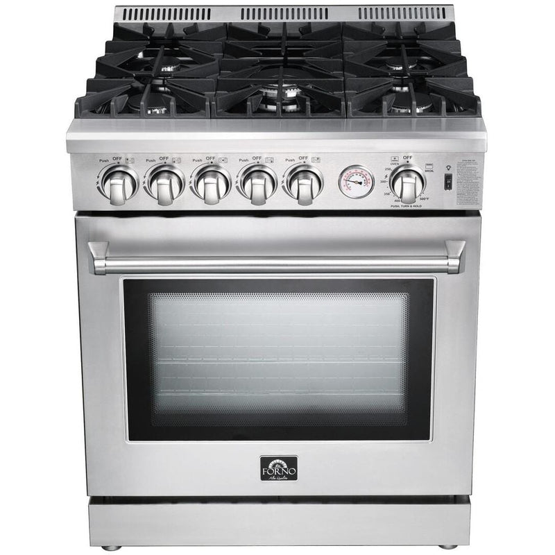 Forno Appliace Package - 30 Inch Gas Range, Wall Mount Range Hood, Refrigerator, Microwave Drawer, Dishwasher, AP-FFSGS6275-30-W-8