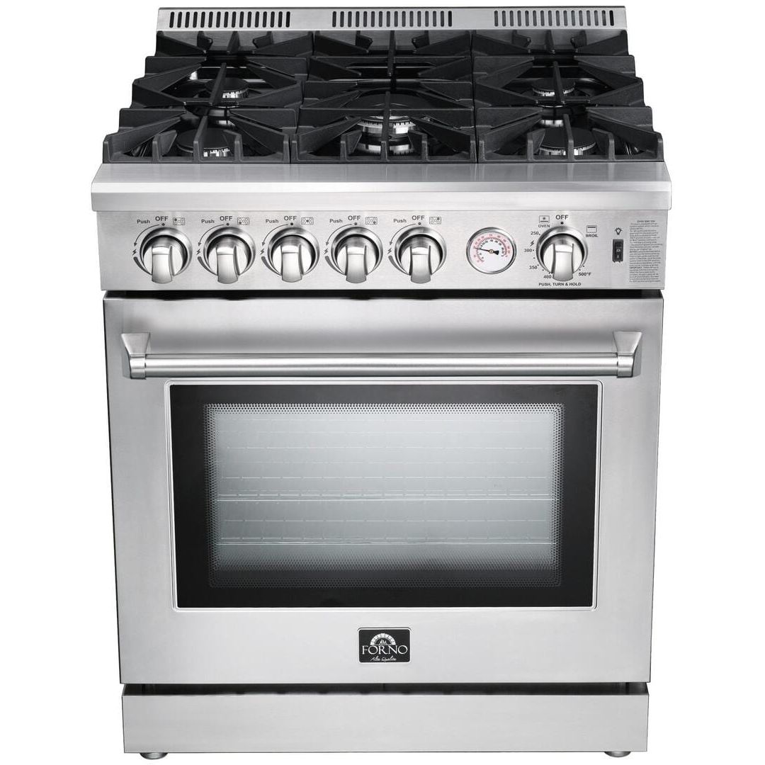 Forno Appliance Package - 30 Inch Gas Range, Wall Mount Range Hood, Microwave Drawer, Dishwasher, AP-FFSGS6275-30-W-6