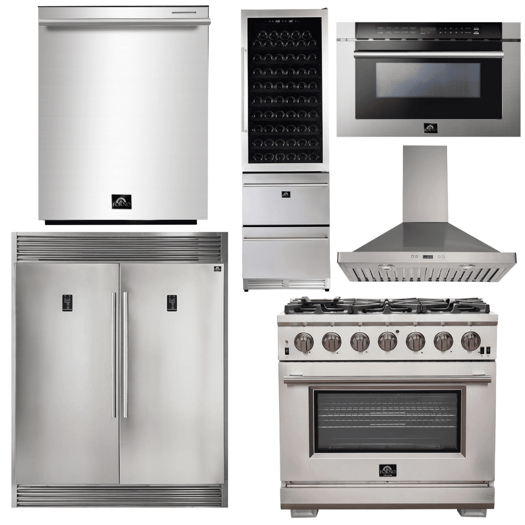 Forno Appliance Package - 36 Inch Pro Gas Range, Range Hood, Refrigerator, Microwave Drawer, Dishwasher, Wine Cooler, AP-FFSGS6260-36-W-9