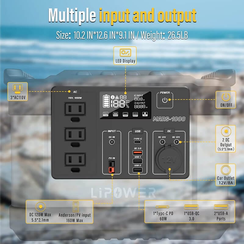 LIPOWER Portable Power Station 1000W/1100Wh MARS-1000