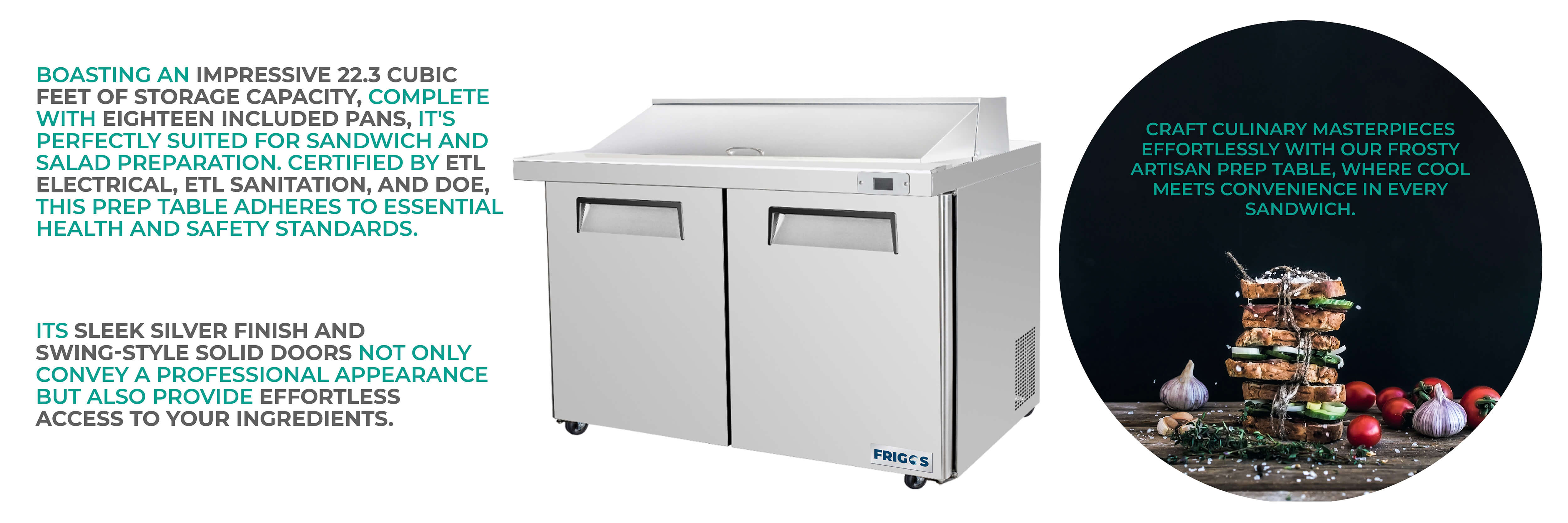Frigos 48" Sandwich & Salad Prep Table Refrigerator, 2 Doors, Aluminum Interior, Stainless Steel Floor – FG-SWPT-48
