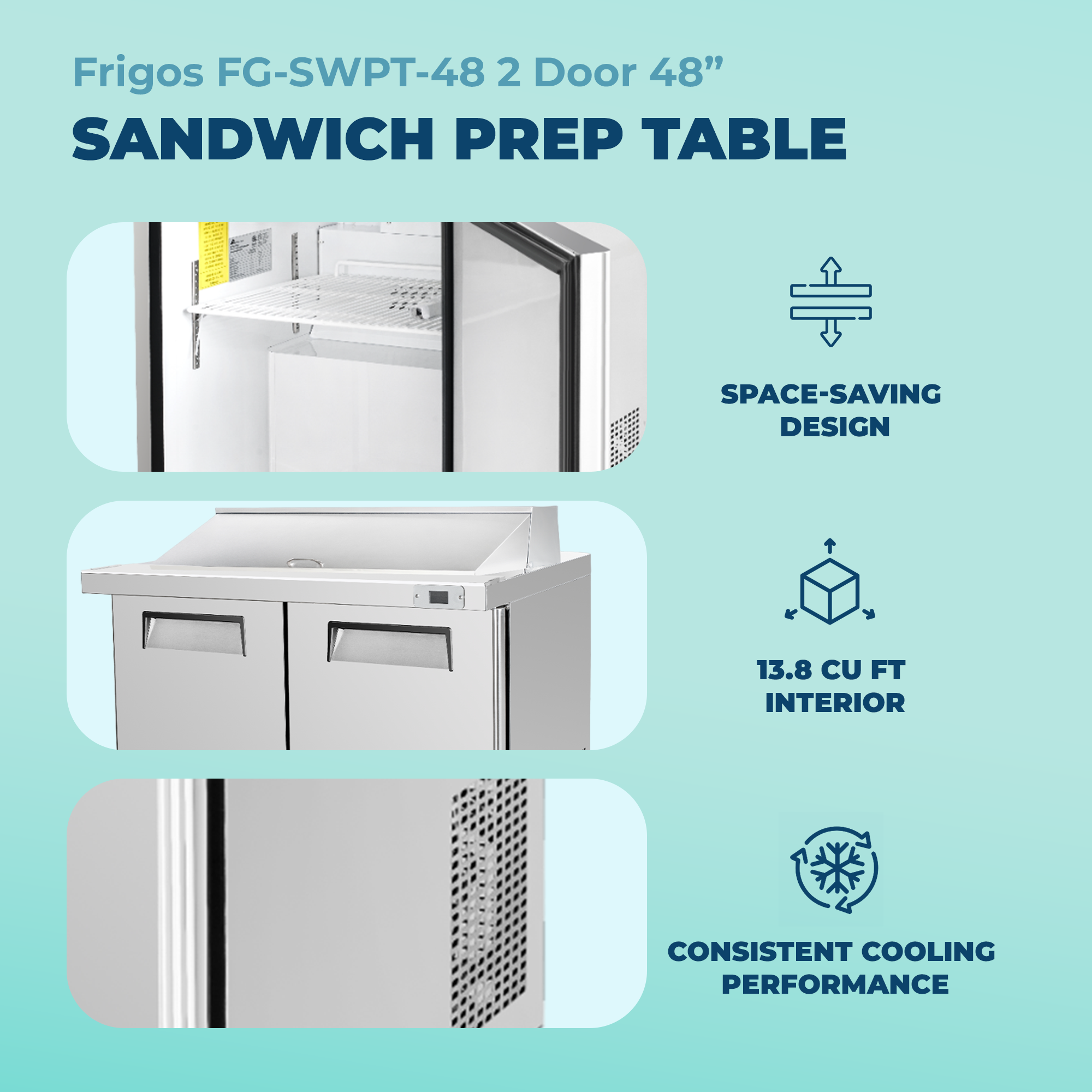 Frigos 48" Sandwich & Salad Prep Table Refrigerator, 2 Doors, Aluminum Interior, Stainless Steel Floor – FG-SWPT-48
