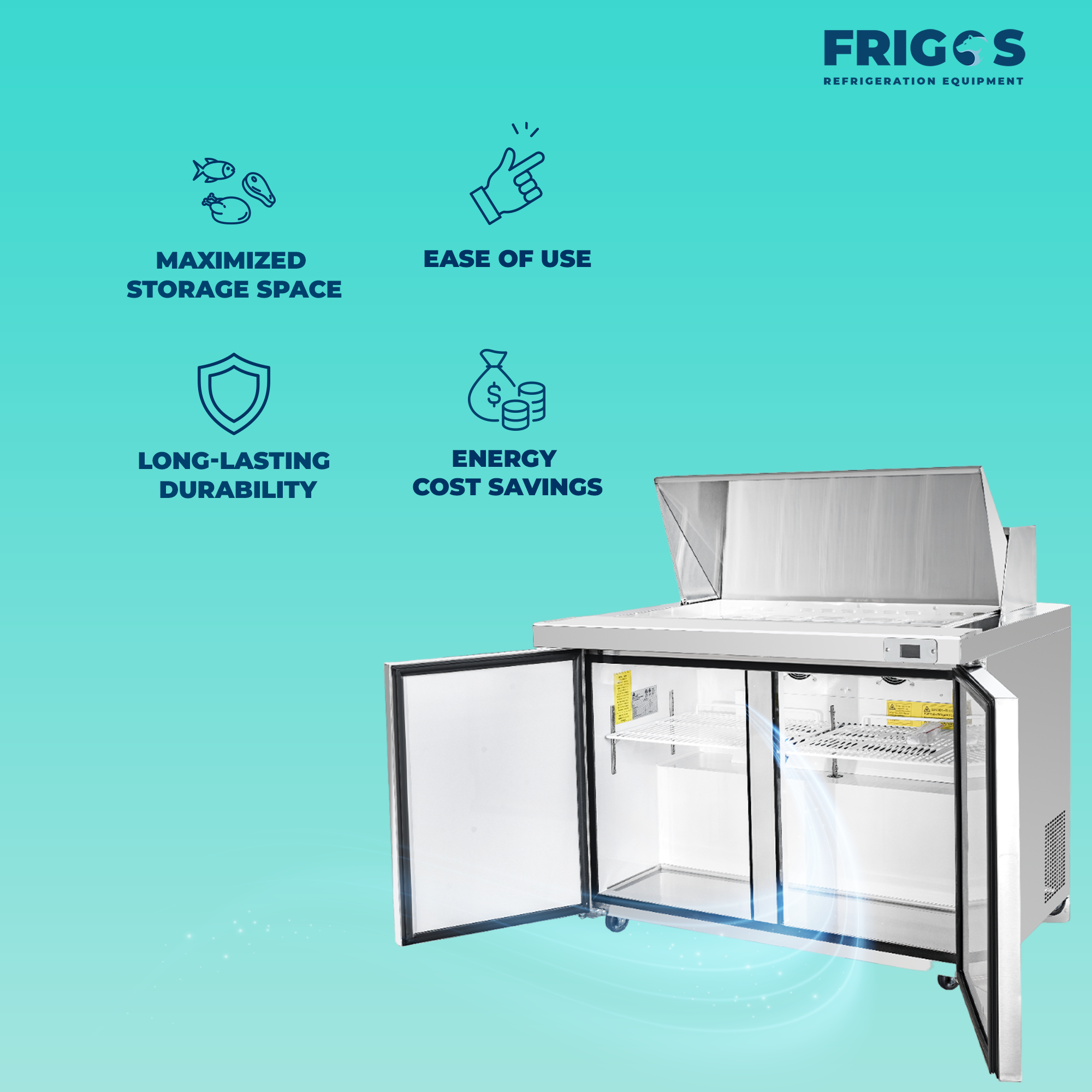 Frigos 48" Sandwich & Salad Prep Table Refrigerator, 2 Doors, Aluminum Interior, Stainless Steel Floor – FG-SWPT-48
