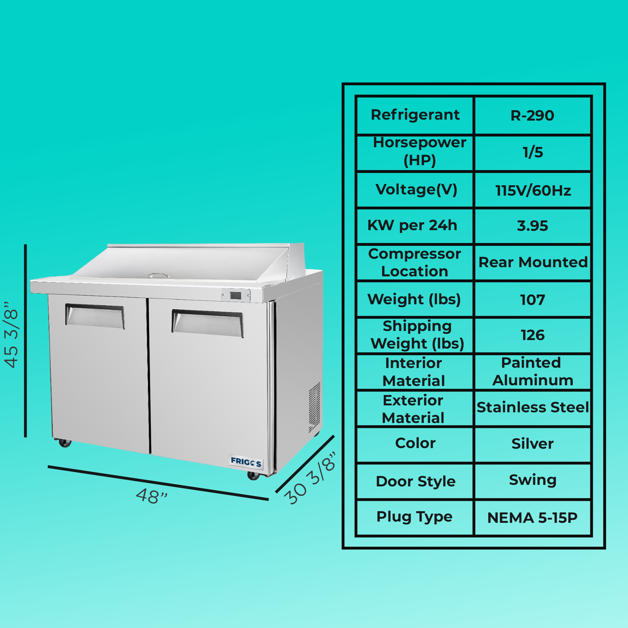 Frigos 48" Sandwich & Salad Prep Table Refrigerator, 2 Doors, Aluminum Interior, Stainless Steel Floor – FG-SWPT-48