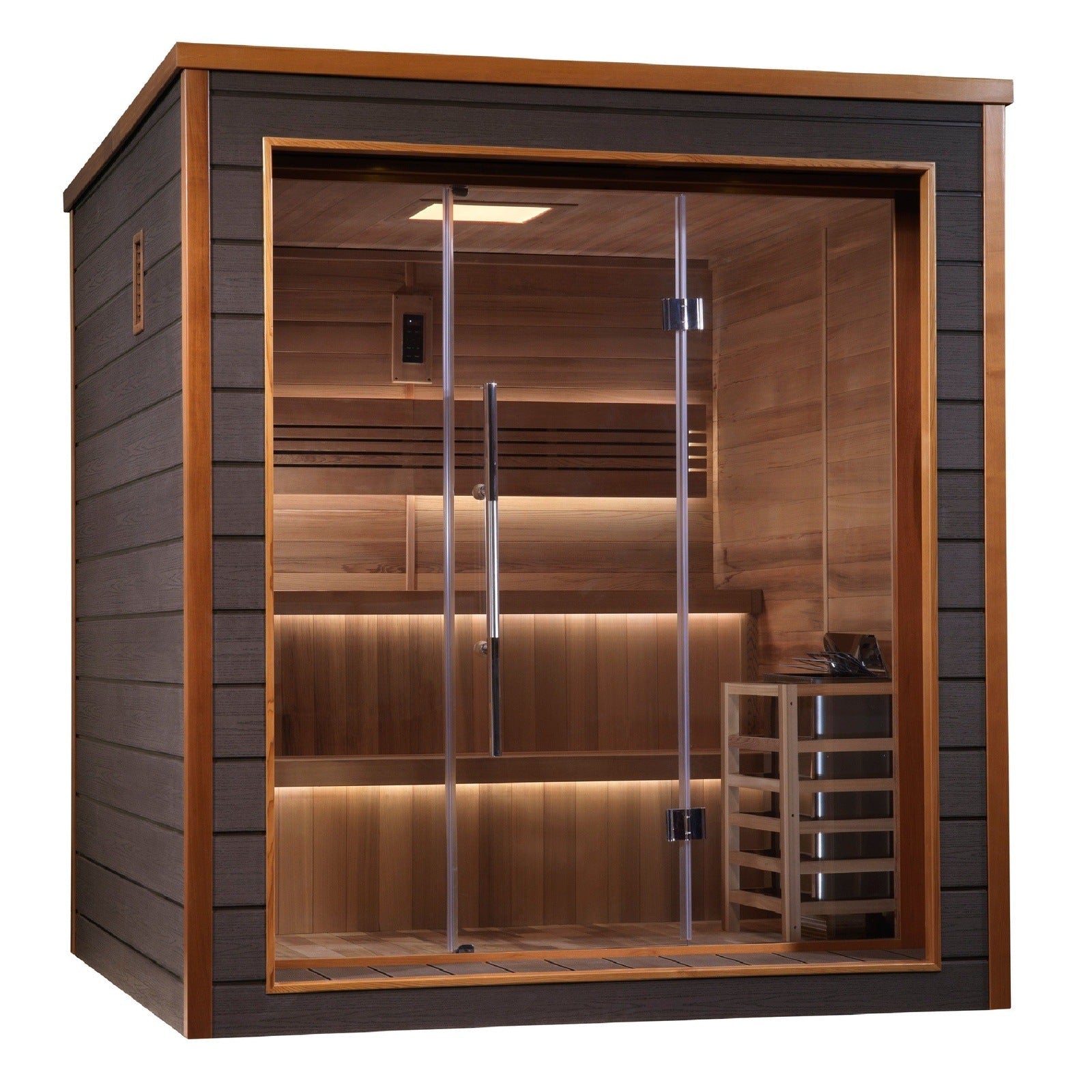 Golden Designs Nora 2 Person Outdoor-Indoor PureTech™ Hybrid Full Spectrum Sauna - Canadian Red Cedar Interior GDI-8222-01