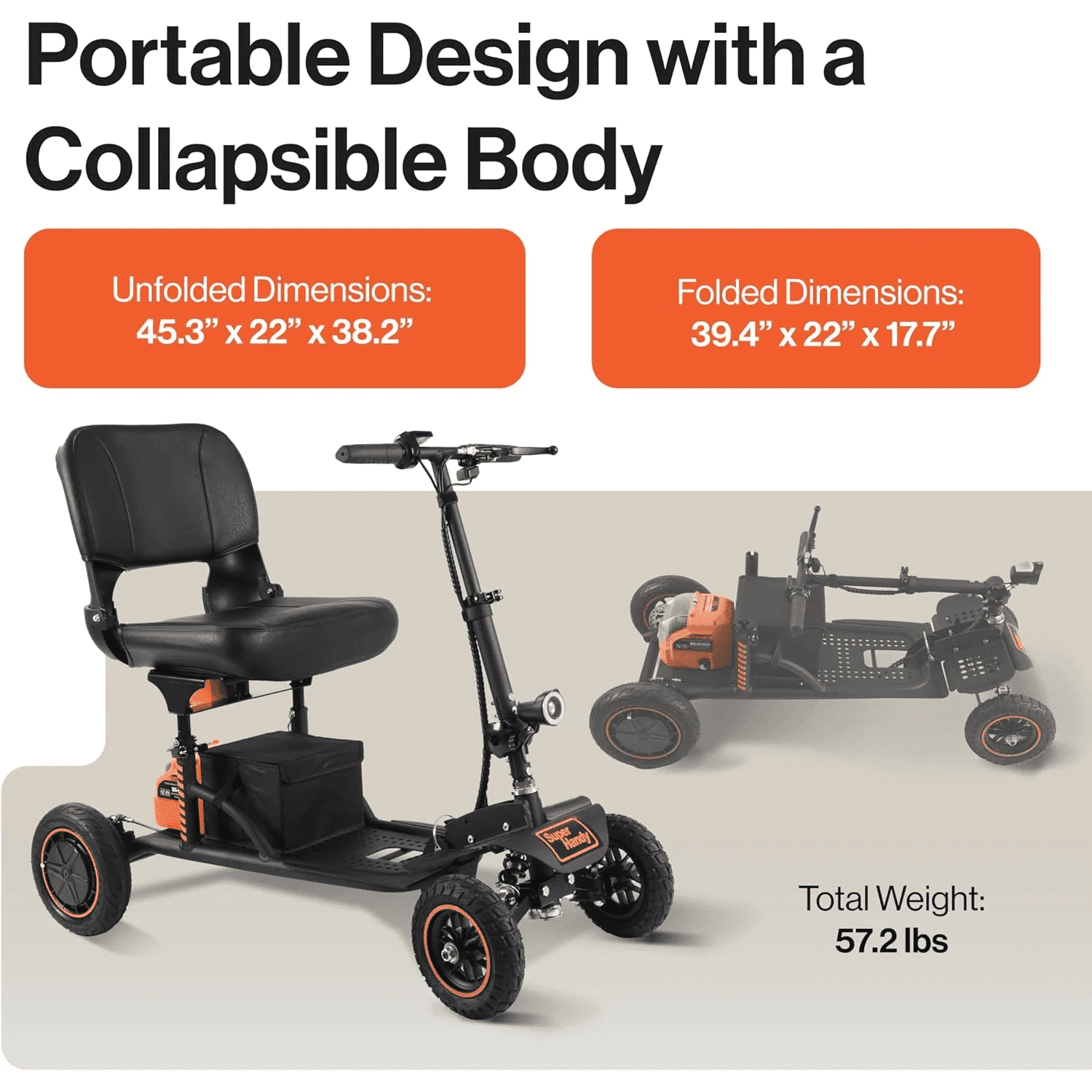 Super Handy GUT161 Electric Mobility Scooter Pro All Terrain 48V 2Ah 500W 6.25 MPH Max Speed 12.5 Mile Range New