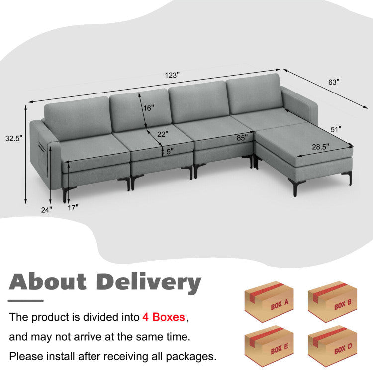 Costway Sofa Modular L-Shaped Sectional with Removable Ottoman Built-In Outlet and USB Ports New - HV10299HS-A+B+E+D