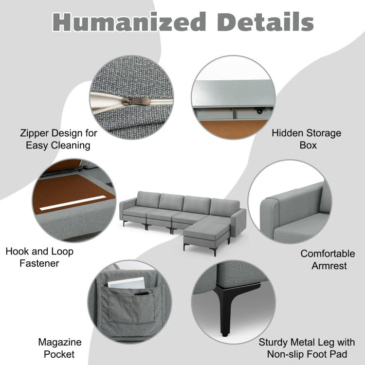 Costway Sofa Modular L-Shaped Sectional with Removable Ottoman Built-In Outlet and USB Ports New - HV10299HS-A+B+E+D