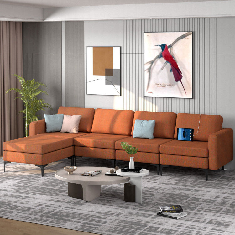 Costway Sofa Modular L-Shaped Sectional with Removable Ottoman Built-In Outlet and USB Ports New - HV10299HS-A+B+E+D