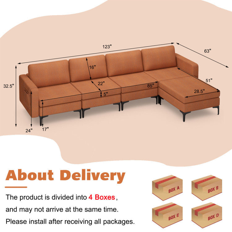 Costway Sofa Modular L-Shaped Sectional with Removable Ottoman Built-In Outlet and USB Ports New - HV10299HS-A+B+E+D