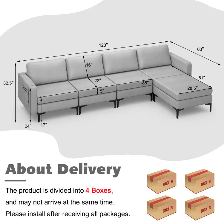 Costway Sofa Modular L-Shaped Sectional with Removable Ottoman Built-In Outlet and USB Ports New - HV10299HS-A+B+E+D