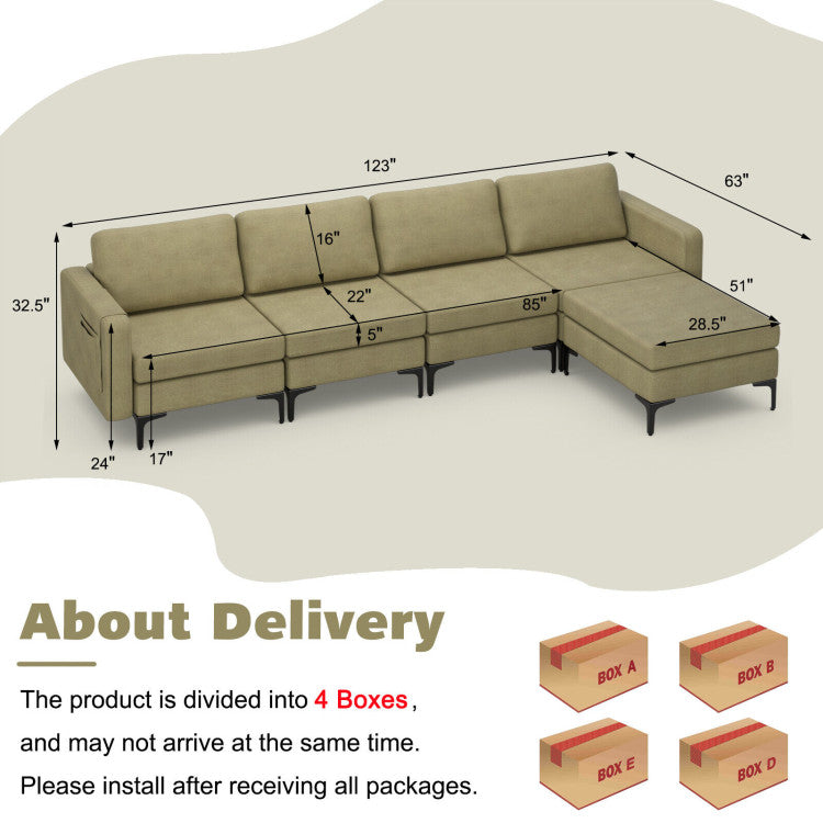 Costway Sofa Modular L-Shaped Sectional with Removable Ottoman Built-In Outlet and USB Ports New - HV10299HS-A+B+E+D