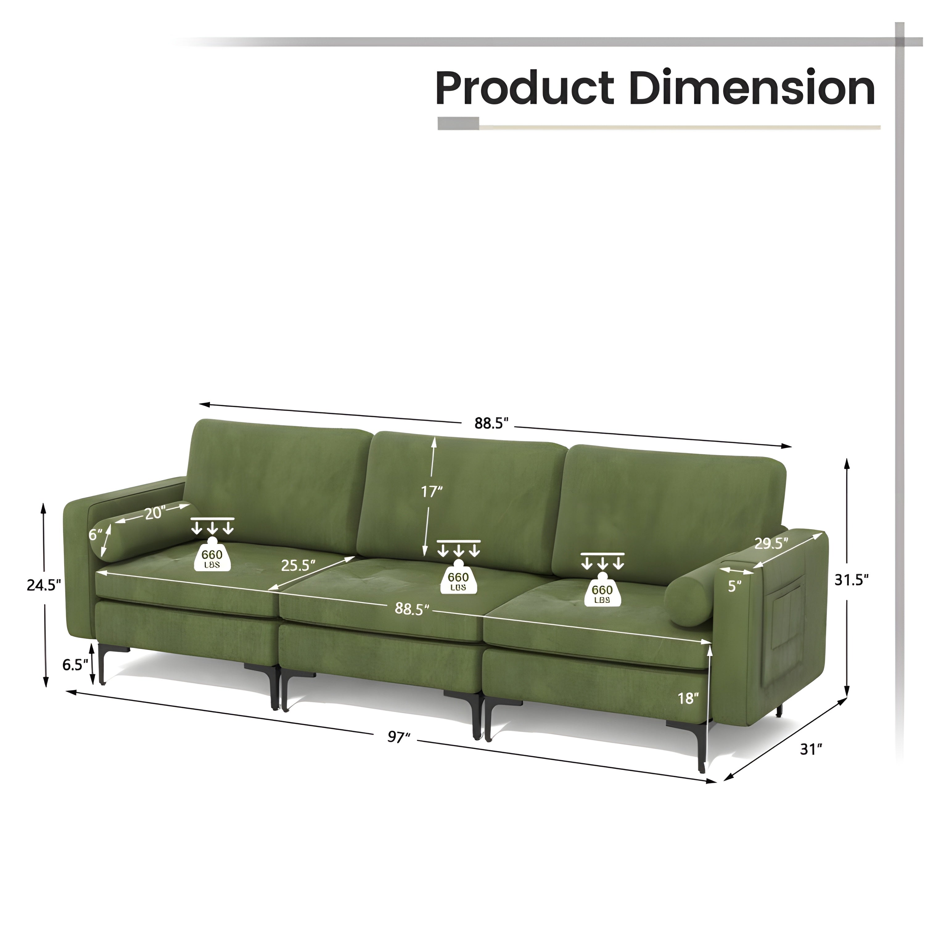 Costway Sofa 3-Seat Sectional with Side Storage Pockets Metal Legs and Ergonomic Backrest New - HV10310GN-A+HV10310GN-B+HV10310GN-E