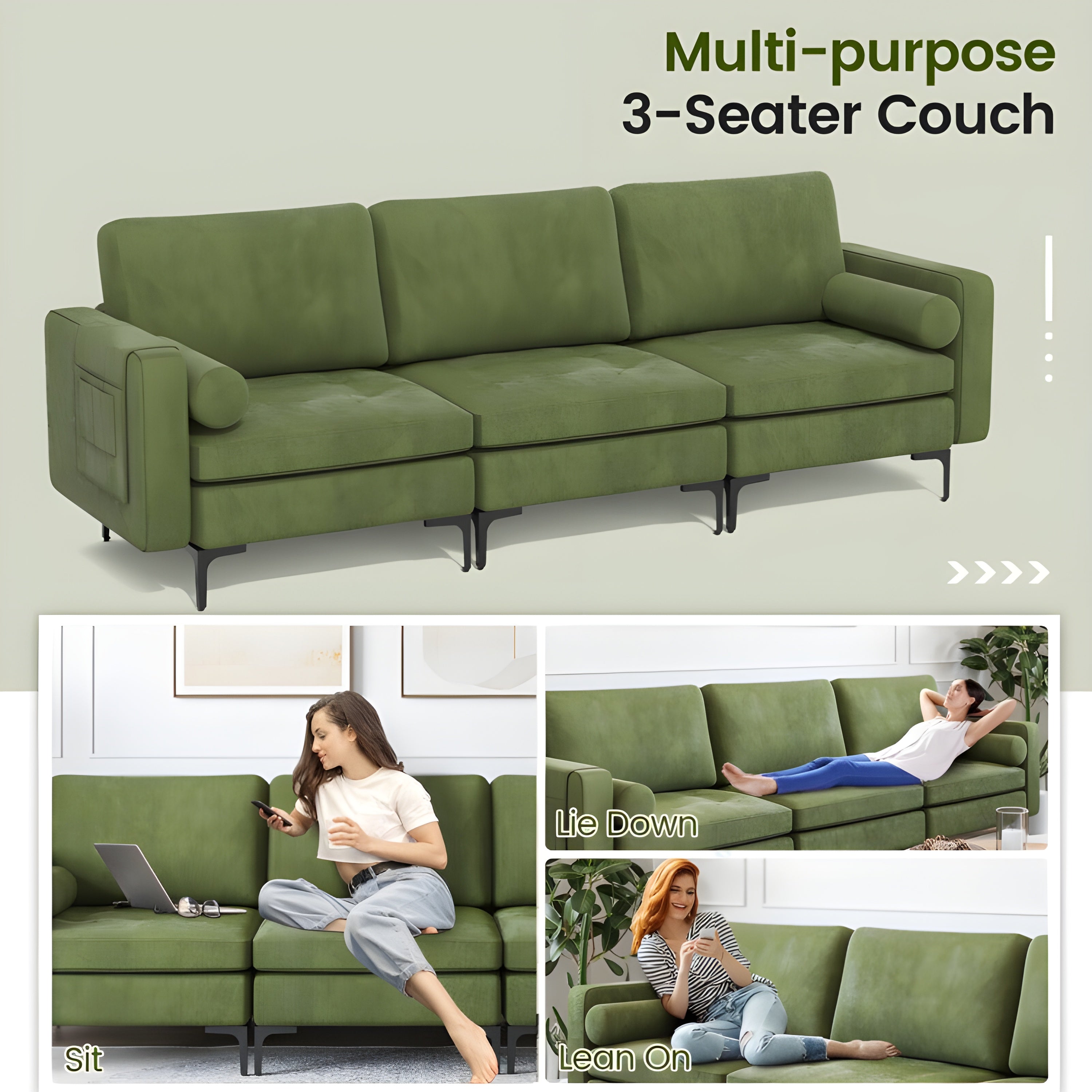 Costway Sofa 3-Seat Sectional with Side Storage Pockets Metal Legs and Ergonomic Backrest New - HV10310GN-A+HV10310GN-B+HV10310GN-E